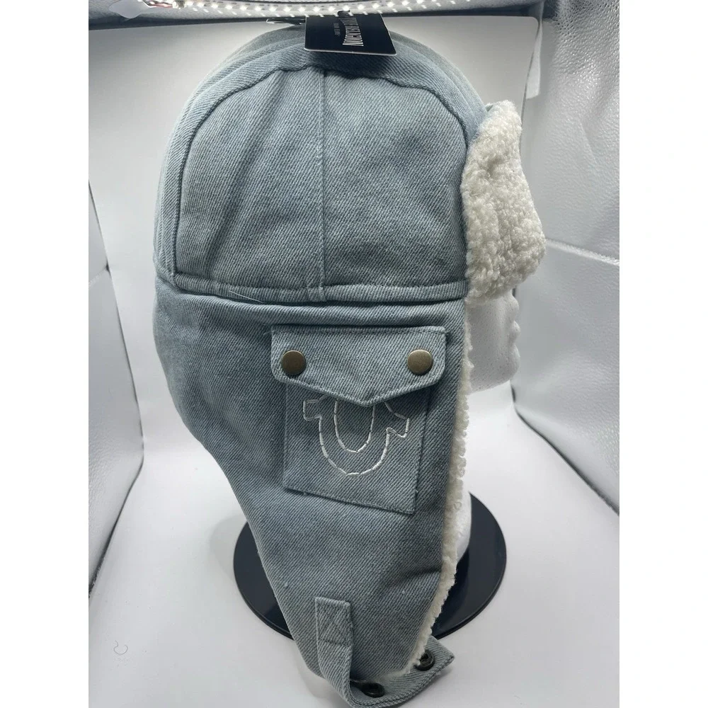 True Religion Mens Denim Trapper Hat Sheep Lined Winter Ski‎ Trooper New H0170